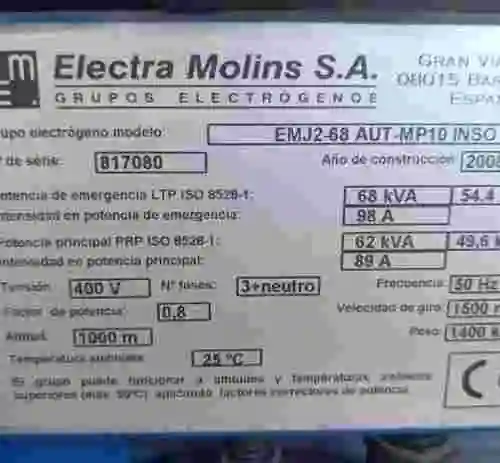 10. Generador 62 kVA ELECTRA MOLINS EMJ2-68 AUT-MP10 INSO
